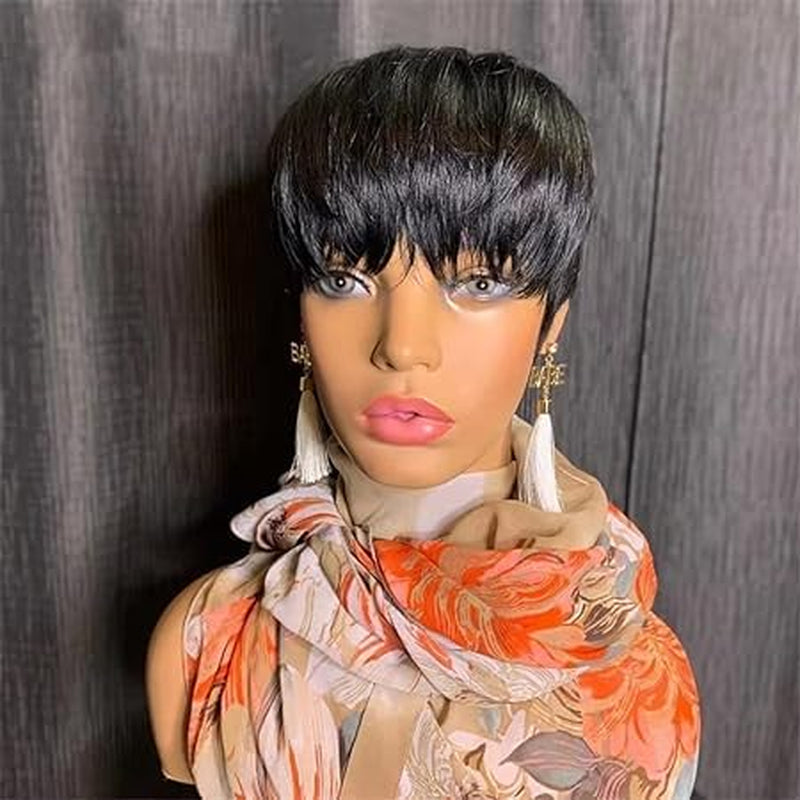 Pixie Cut Wigs for Black Women Human Hair Short Bob Wig Human Hair Wigs with Bangs Layered Style Bob Wigs for Black Women None Lace Full Machine Real Hair Wigs for Women