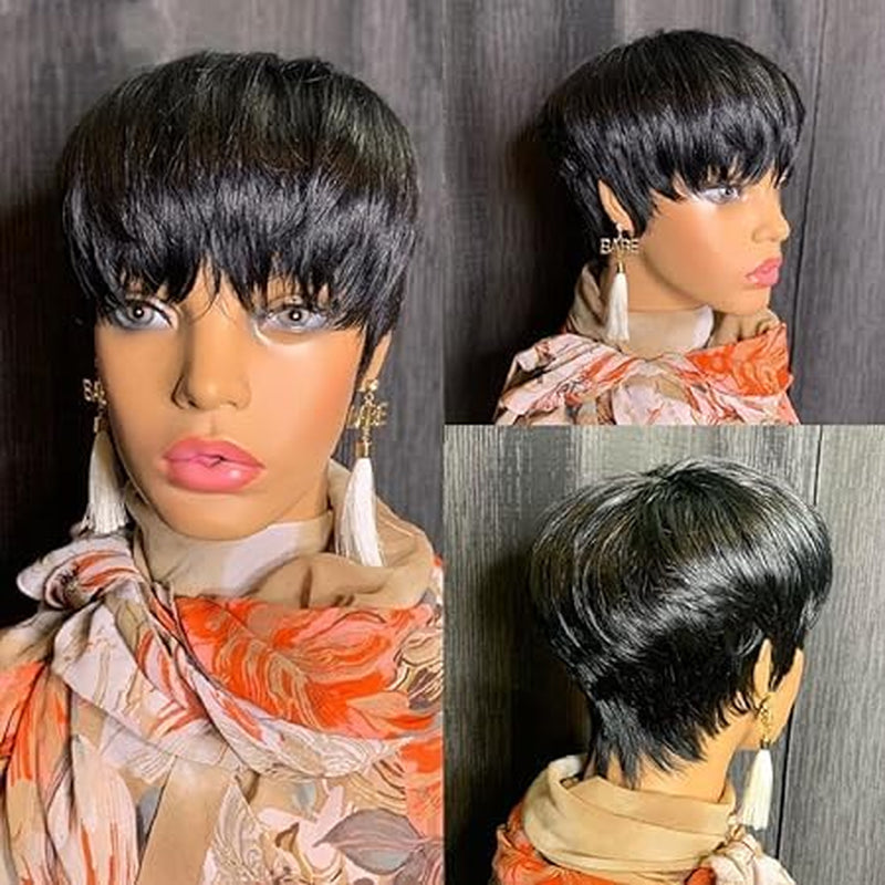 Pixie Cut Wigs for Black Women Human Hair Short Bob Wig Human Hair Wigs with Bangs Layered Style Bob Wigs for Black Women None Lace Full Machine Real Hair Wigs for Women