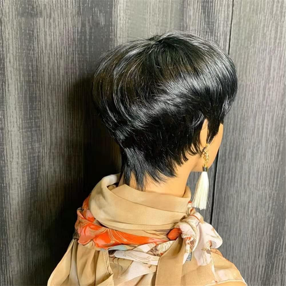 Pixie Cut Wigs for Black Women Human Hair Short Bob Wig Human Hair Wigs with Bangs Layered Style Bob Wigs for Black Women None Lace Full Machine Real Hair Wigs for Women