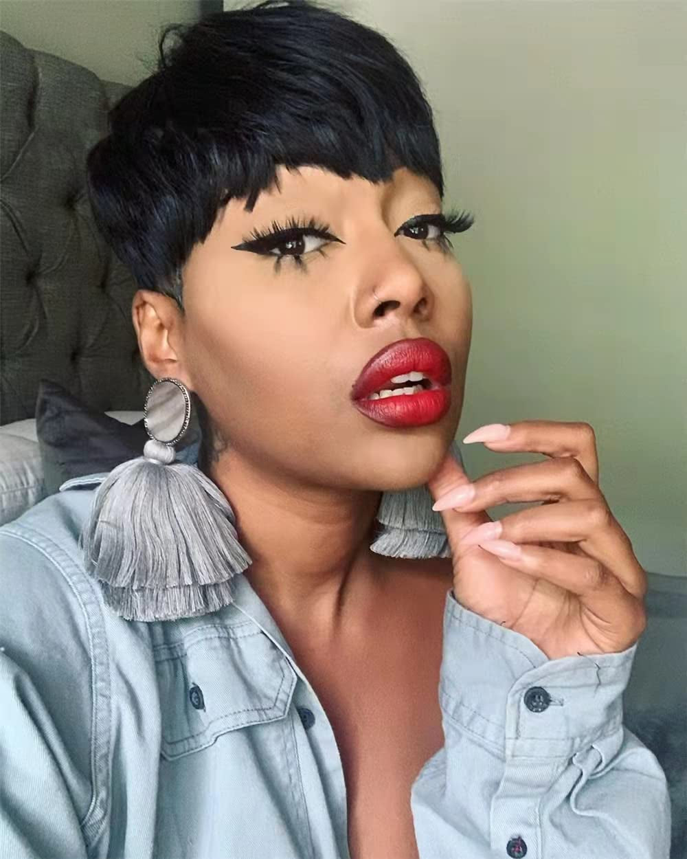 Pixie Cut Wigs for Black Women Human Hair Short Bob Wig Human Hair Wigs with Bangs Layered Style Bob Wigs for Black Women None Lace Full Machine Real Hair Wigs for Women