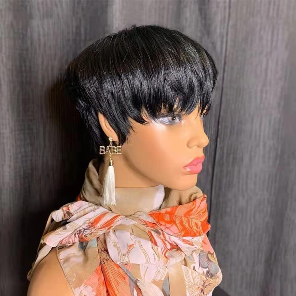 Pixie Cut Wigs for Black Women Human Hair Short Bob Wig Human Hair Wigs with Bangs Layered Style Bob Wigs for Black Women None Lace Full Machine Real Hair Wigs for Women